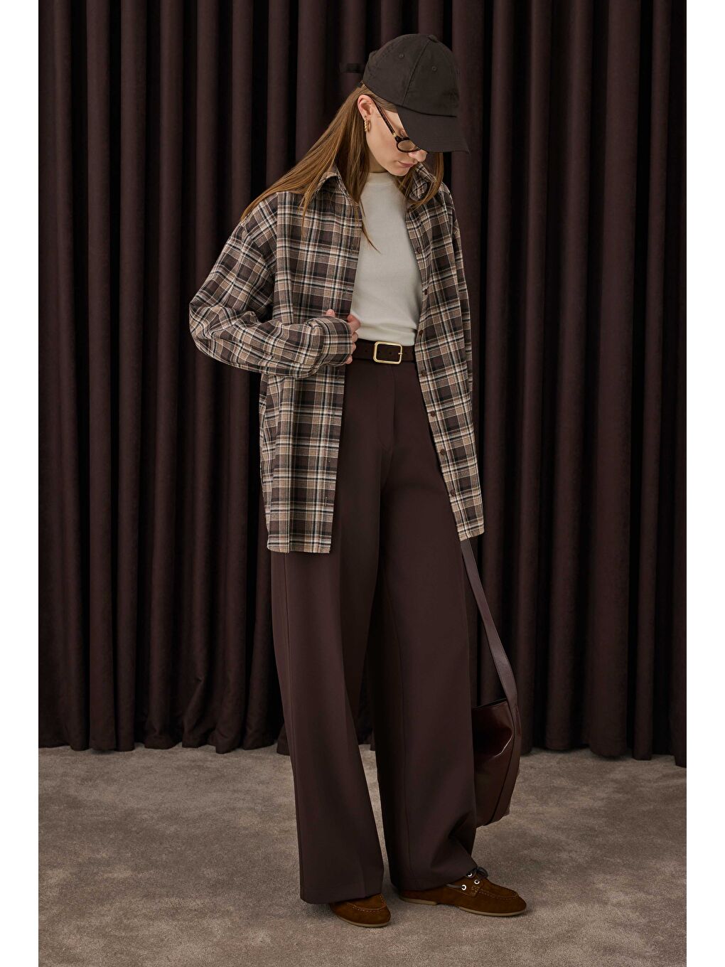 Kahverengi Çift Pileli Palazzo Pantolon Acı Kahve-1