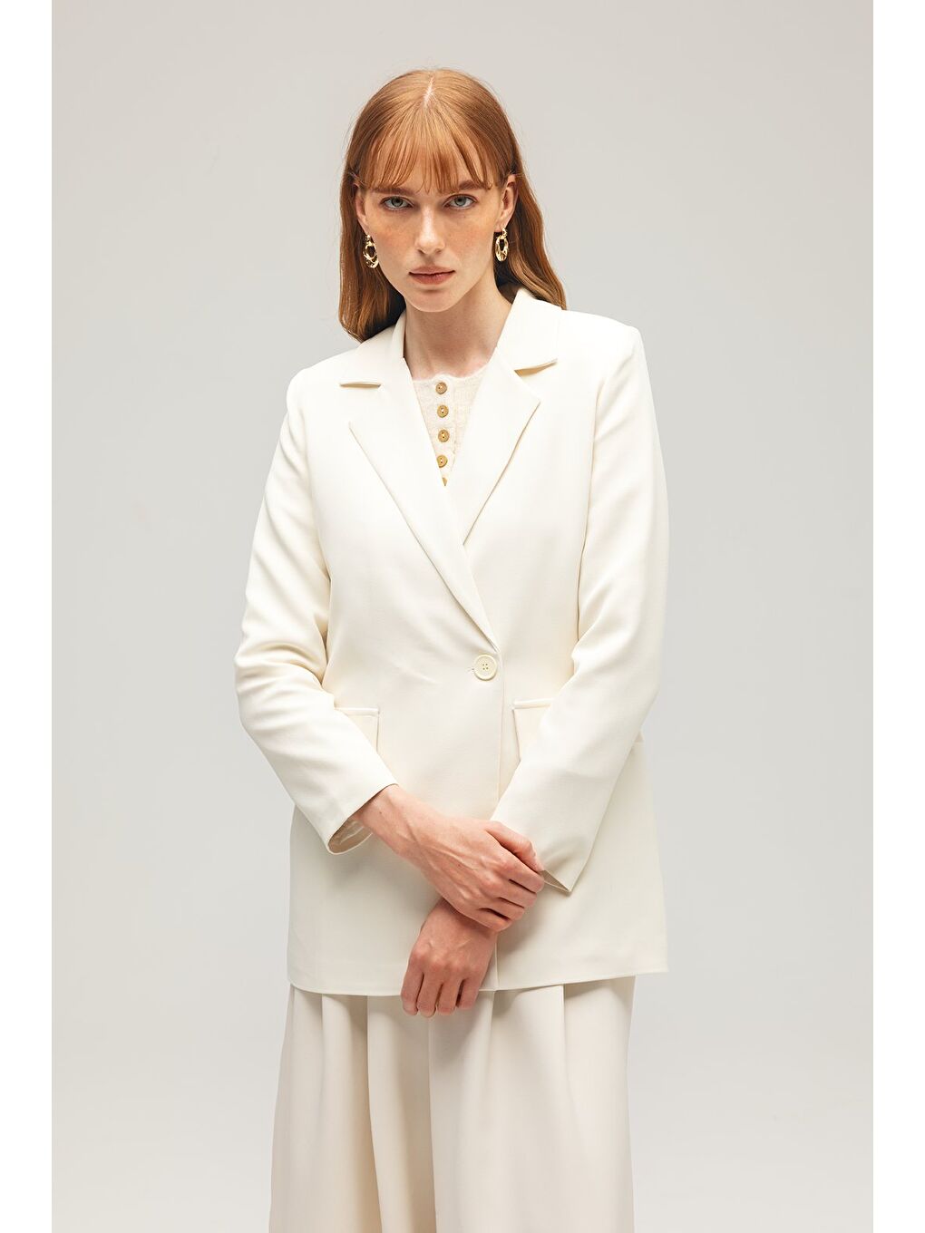 Ekru Kadın Tek Düğmeli Dokuma Kruvaze Blazer Ceket - Kuşaklı-2