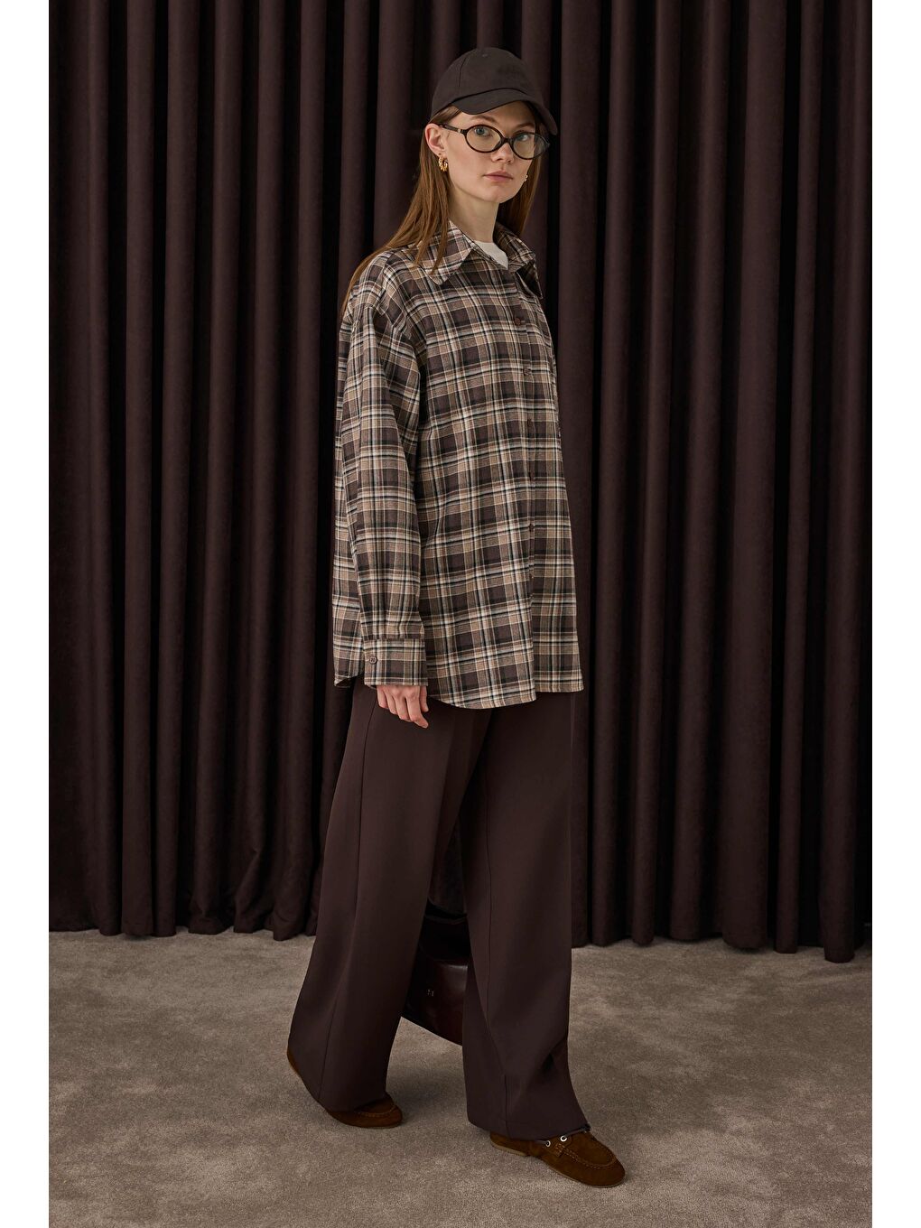 Kahverengi Çift Pileli Palazzo Pantolon Acı Kahve-2