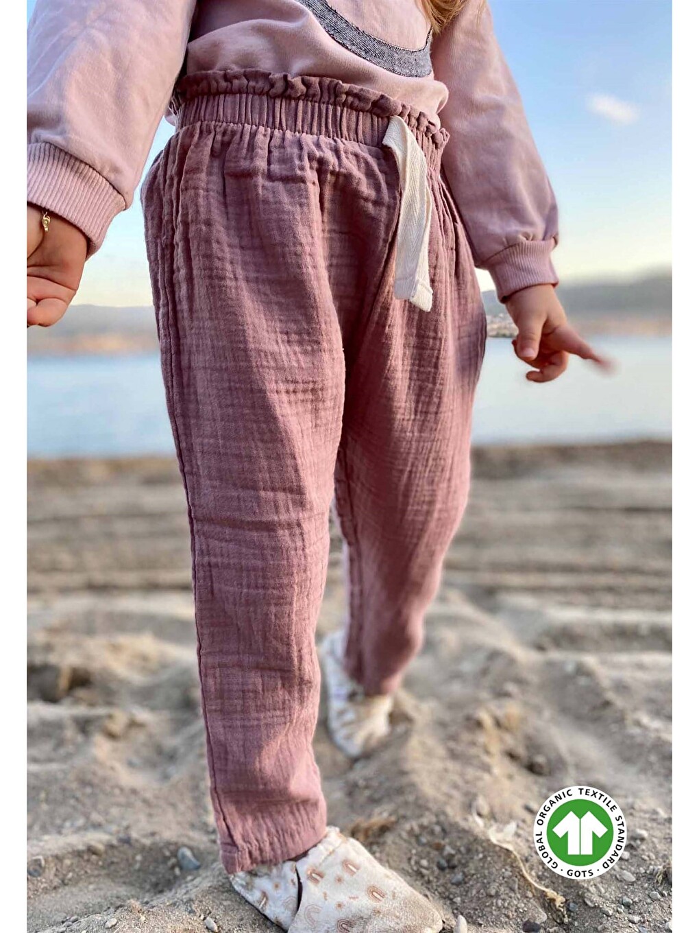 Turuncu Organic Beli Fırfırlı Geniş Kesim Müslin Pantolon 1-8 Yaş Bakır-1