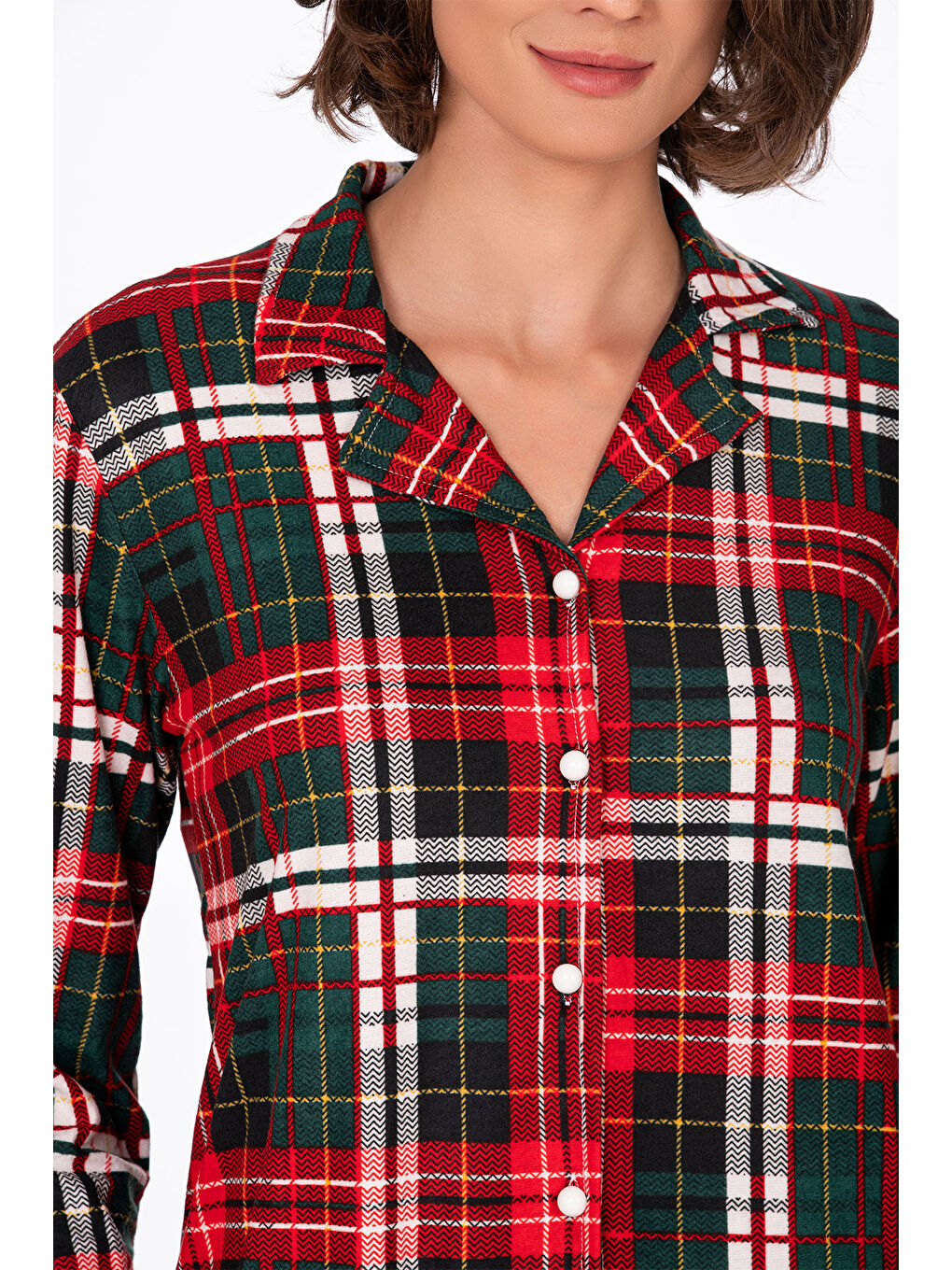 Kırmızı Kadın Süet Önden Düğmeli Pijama Takımı | Yeşil Ekose-3