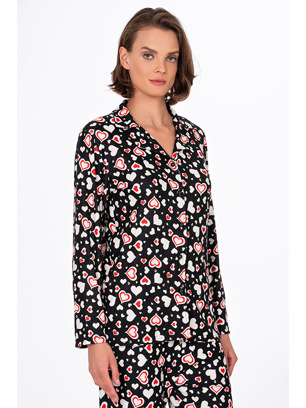 Siyah Kadın Süet Önden Düğmeli Pijama Takımı | Kalpli-1