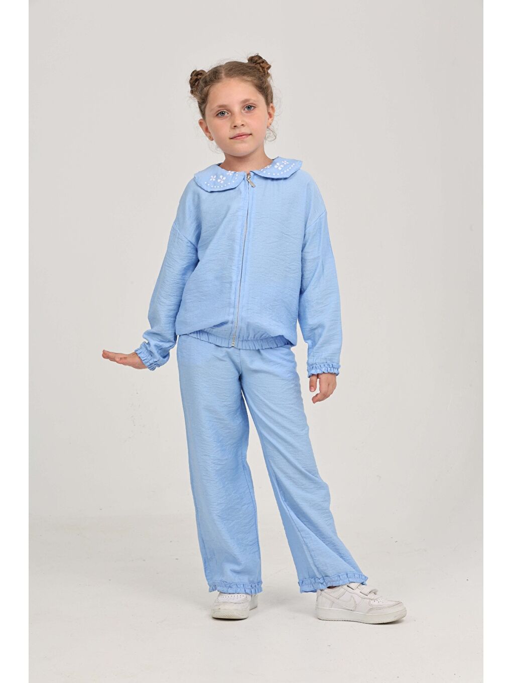 Mavi Kız Çocuk Yaka Nakışlı Eşofman Takım-4