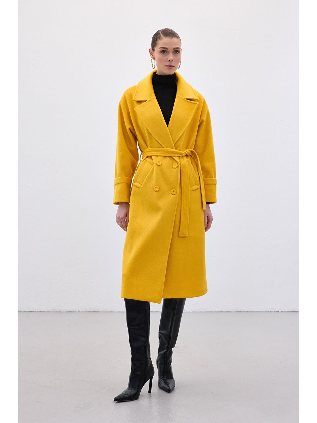 Beli Bağlamalı Uzun Kaban - Sarı-4