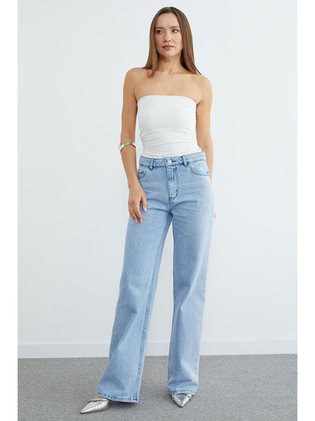 Mavi Taş Detaylı Palazzo Jean-1