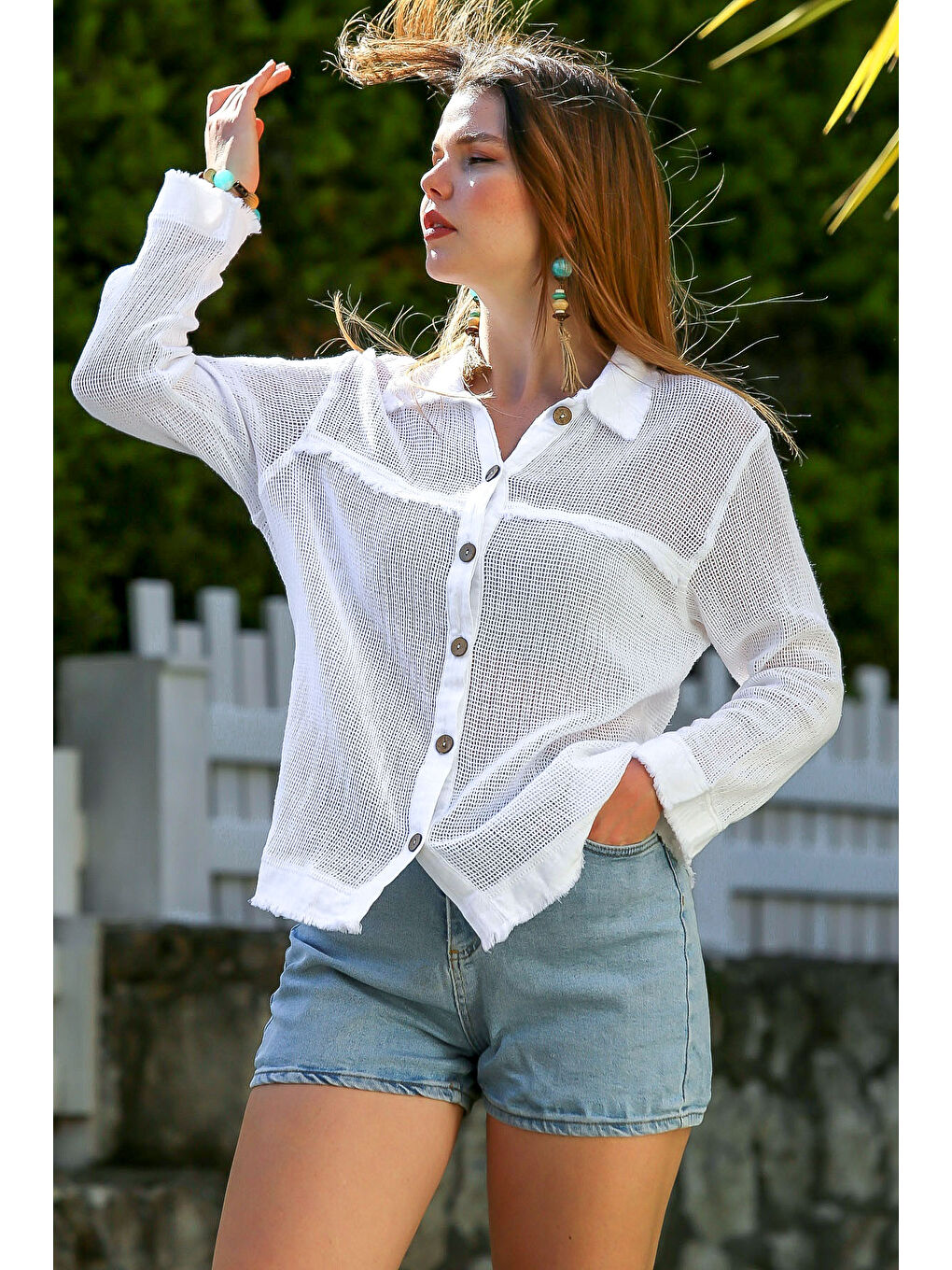 Beyaz Gömlek Yaka Uzun Kol Düğmeli Yıkamalı Pis Dikişli Casual Dokuma Gömlek 69 62