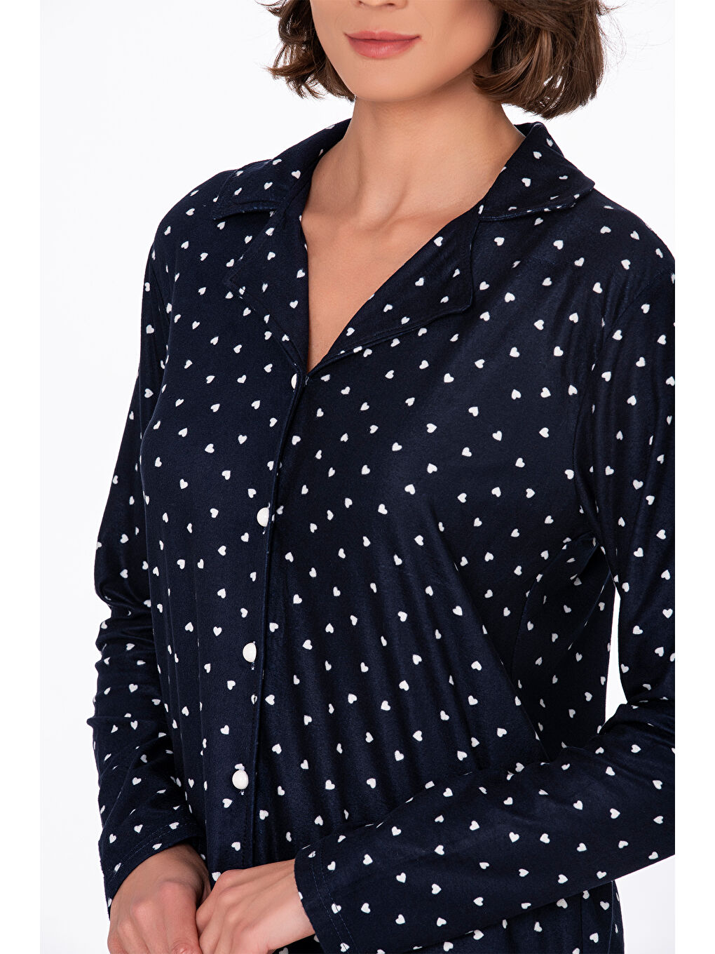 Kadın Süet Önden Düğmeli Pijama Takımı | Kalpli Lacivert-2