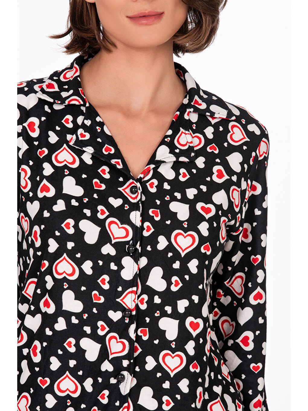 Siyah Kadın Süet Önden Düğmeli Pijama Takımı | Kalpli-2