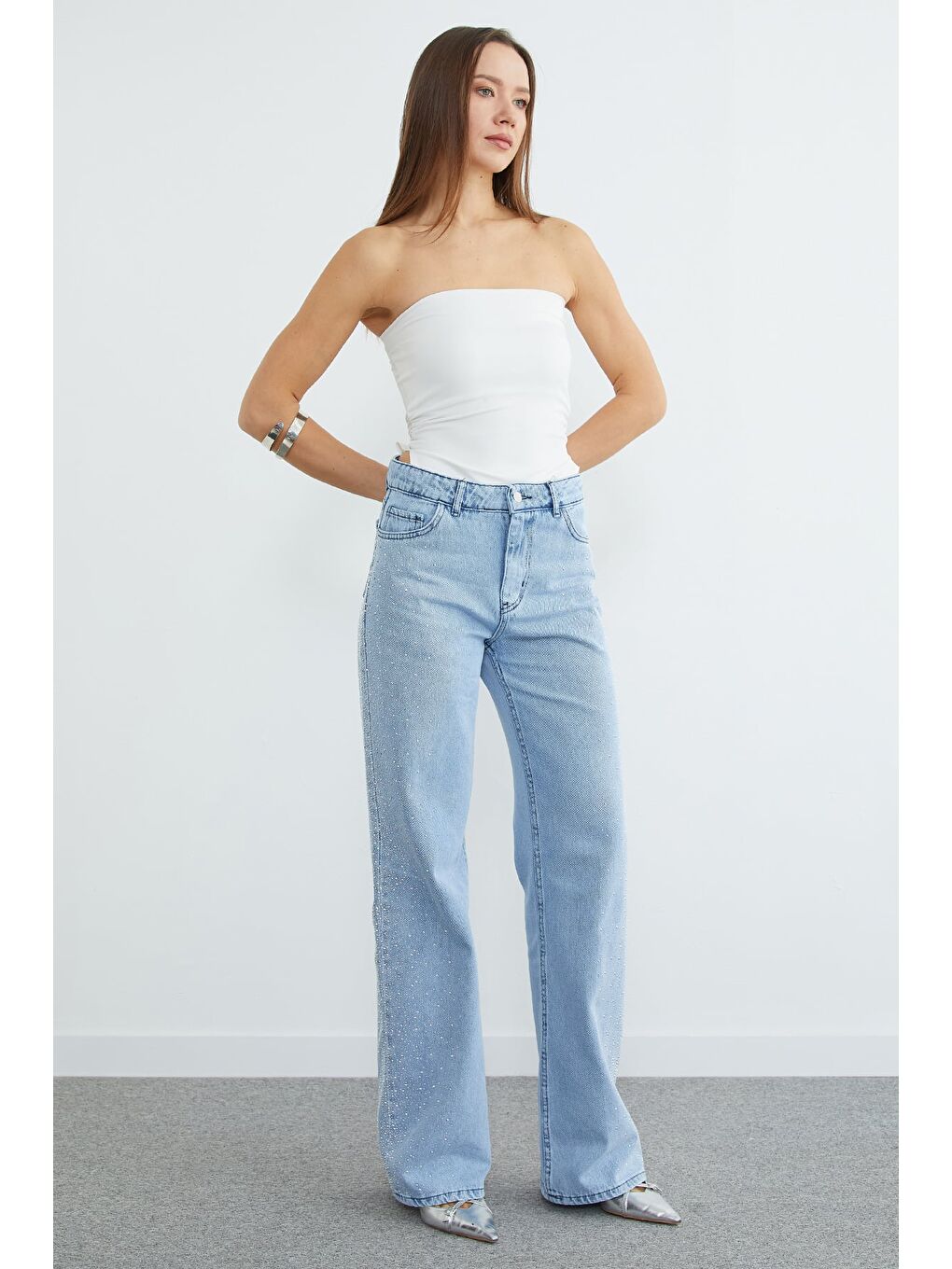 Mavi Taş Detaylı Palazzo Jean-2