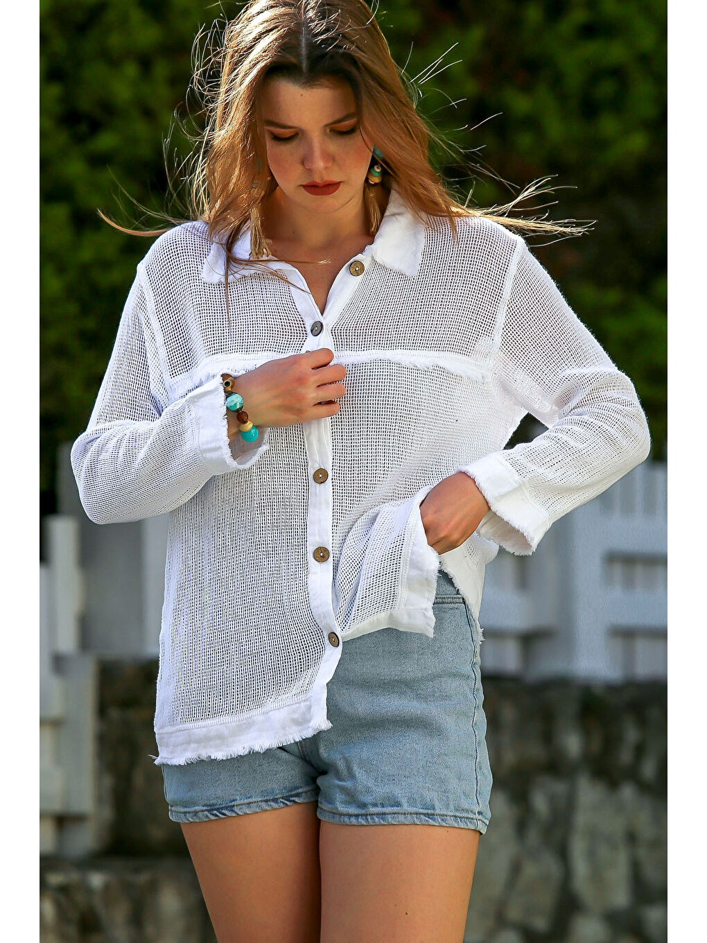 Beyaz Gömlek Yaka Uzun Kol Düğmeli Yıkamalı Pis Dikişli Casual Dokuma Gömlek 69 62-1