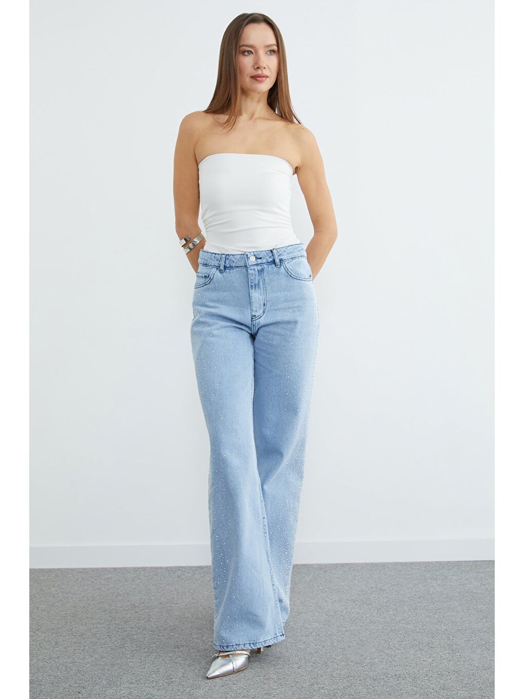 Mavi Taş Detaylı Palazzo Jean-3