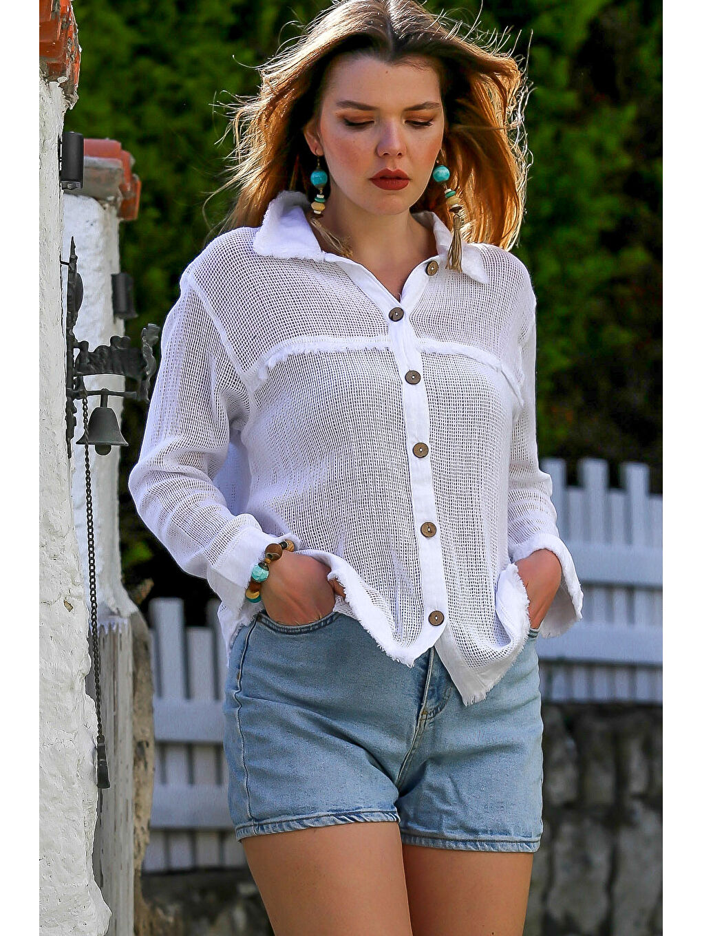 Beyaz Gömlek Yaka Uzun Kol Düğmeli Yıkamalı Pis Dikişli Casual Dokuma Gömlek 69 62-2