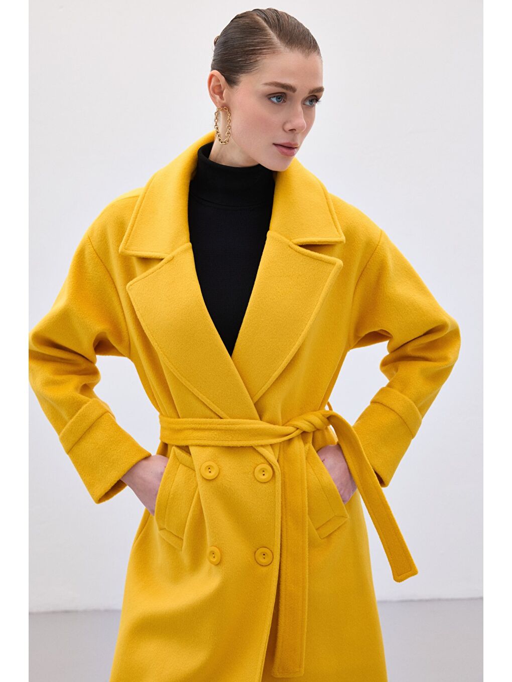 Beli Bağlamalı Uzun Kaban - Sarı-5