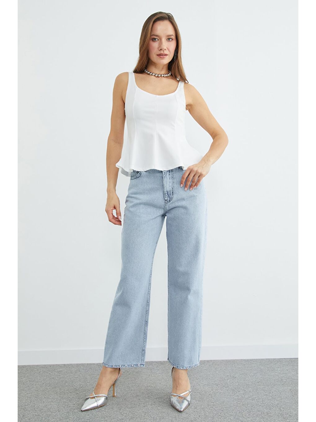 Mavi Taşlı Yüksek Bel Jean-4
