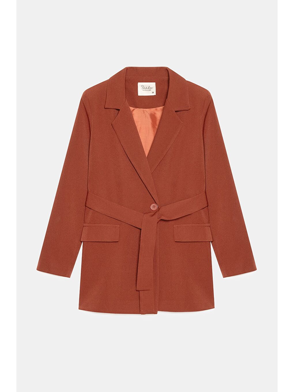 Kahverengi Kiremit Kadın Tek Düğmeli Dokuma Kruvaze Blazer Ceket - Kuşaklı