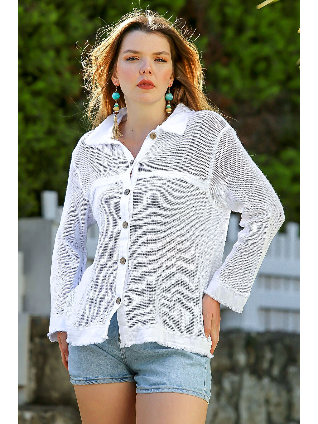 Beyaz Gömlek Yaka Uzun Kol Düğmeli Yıkamalı Pis Dikişli Casual Dokuma Gömlek 69 62-4