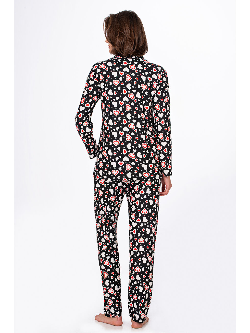 Siyah Kadın Süet Önden Düğmeli Pijama Takımı | Kalpli-3