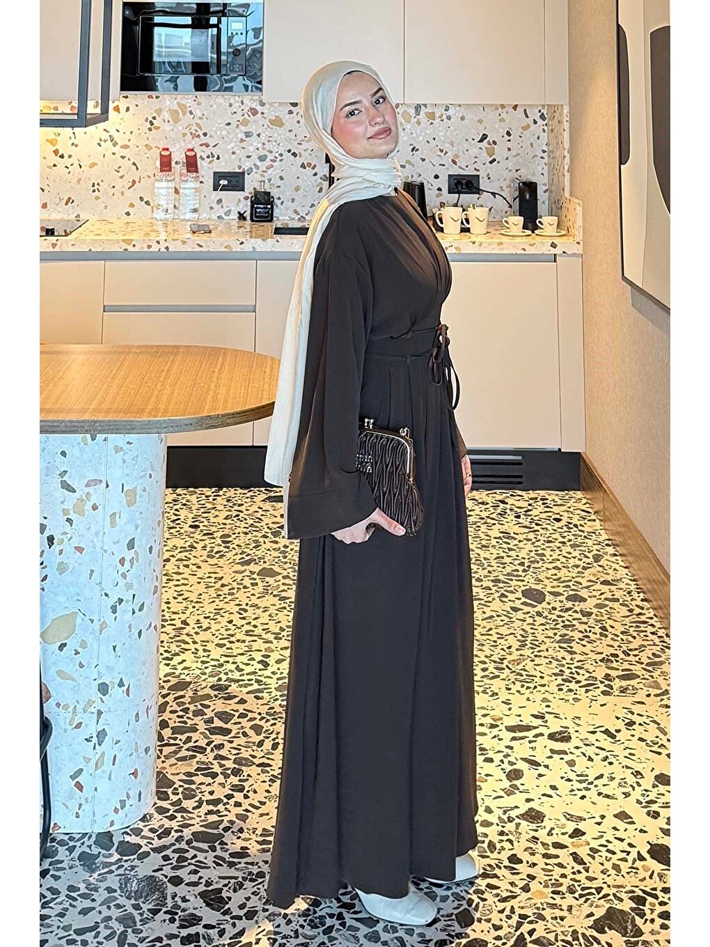 Nora Bağcıklı Tesettür Elbise Acı Kahverengi-1