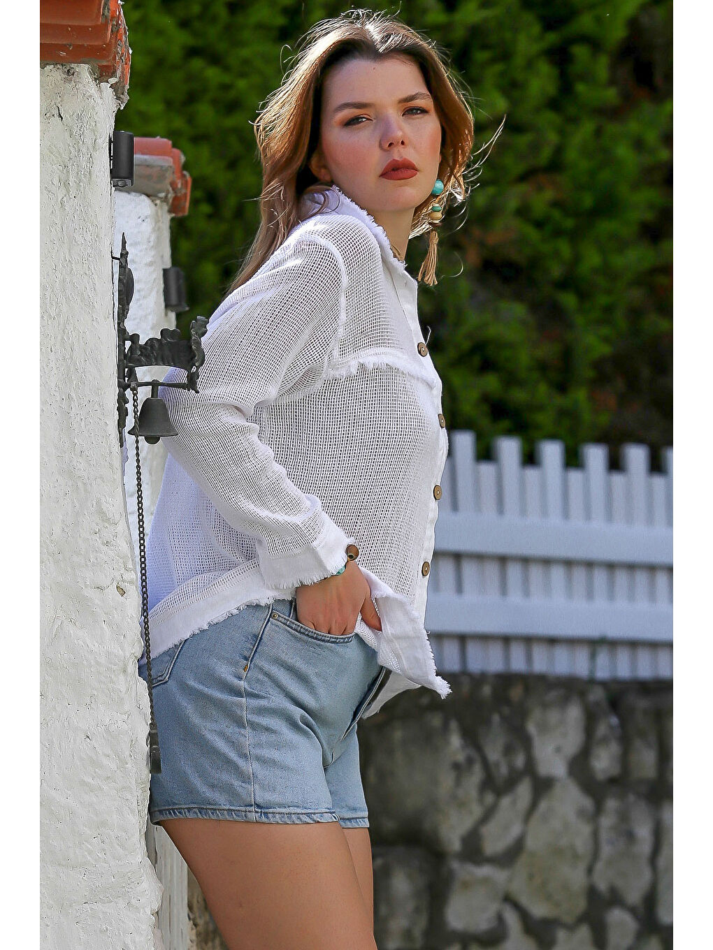 Beyaz Gömlek Yaka Uzun Kol Düğmeli Yıkamalı Pis Dikişli Casual Dokuma Gömlek 69 62-5