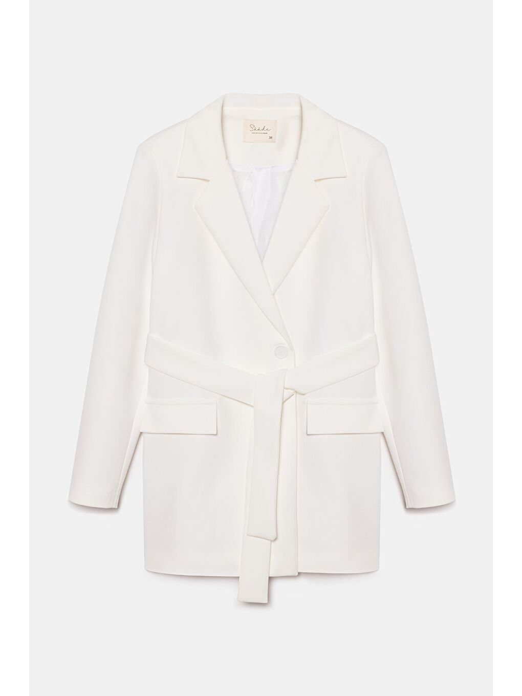 Ekru Kadın Tek Düğmeli Dokuma Kruvaze Blazer Ceket - Kuşaklı-4