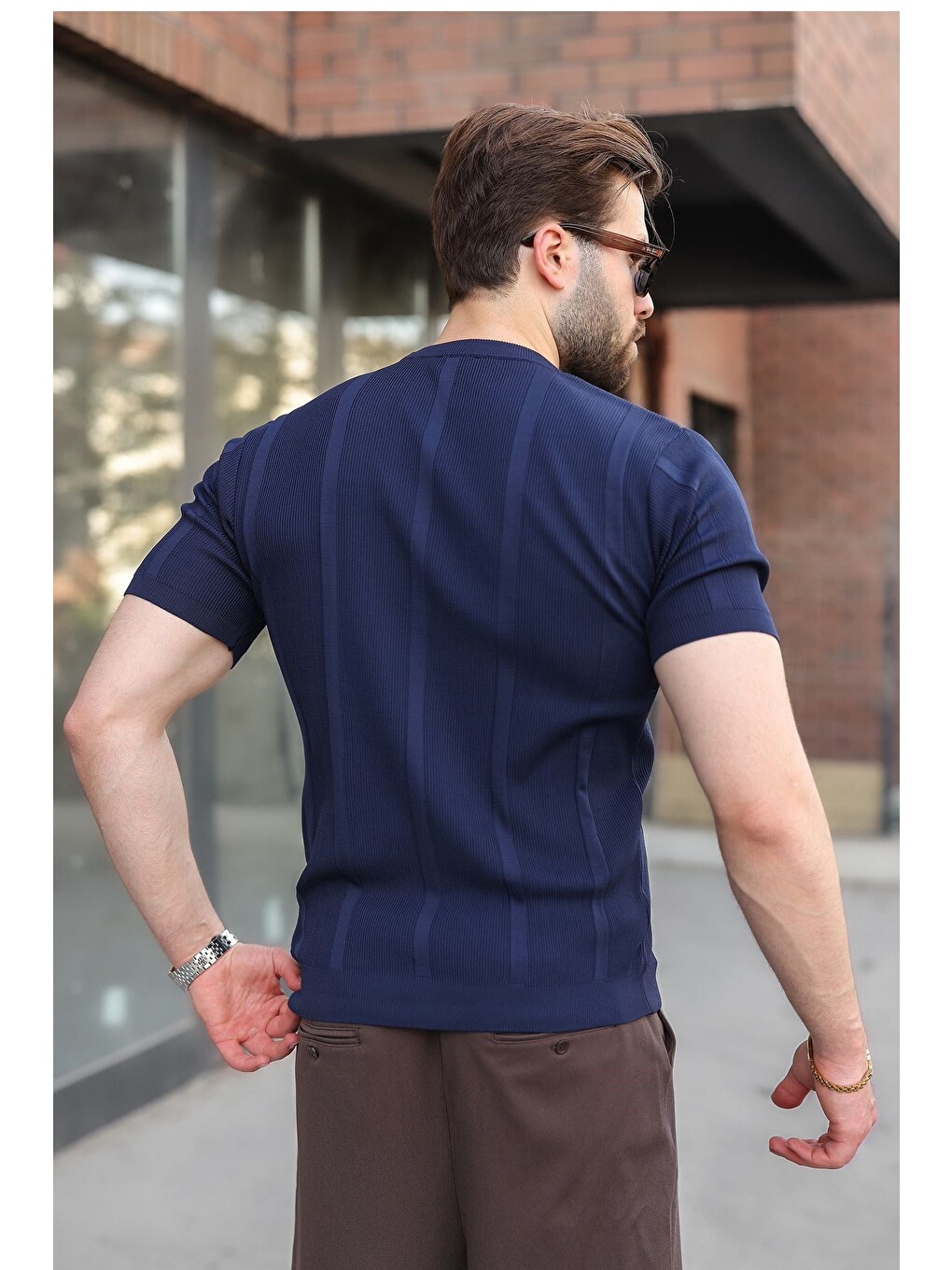Lacivert Regular Fit Bisiklet Yaka Fitilli Triko Erkek Tişört E7490-1