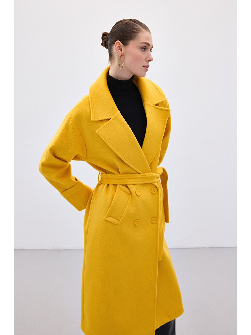 Beli Bağlamalı Uzun Kaban - Sarı-6