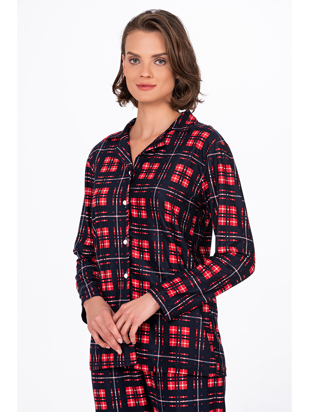 Kadın Süet Önden Düğmeli Pijama Takımı | Ekose Lacivert