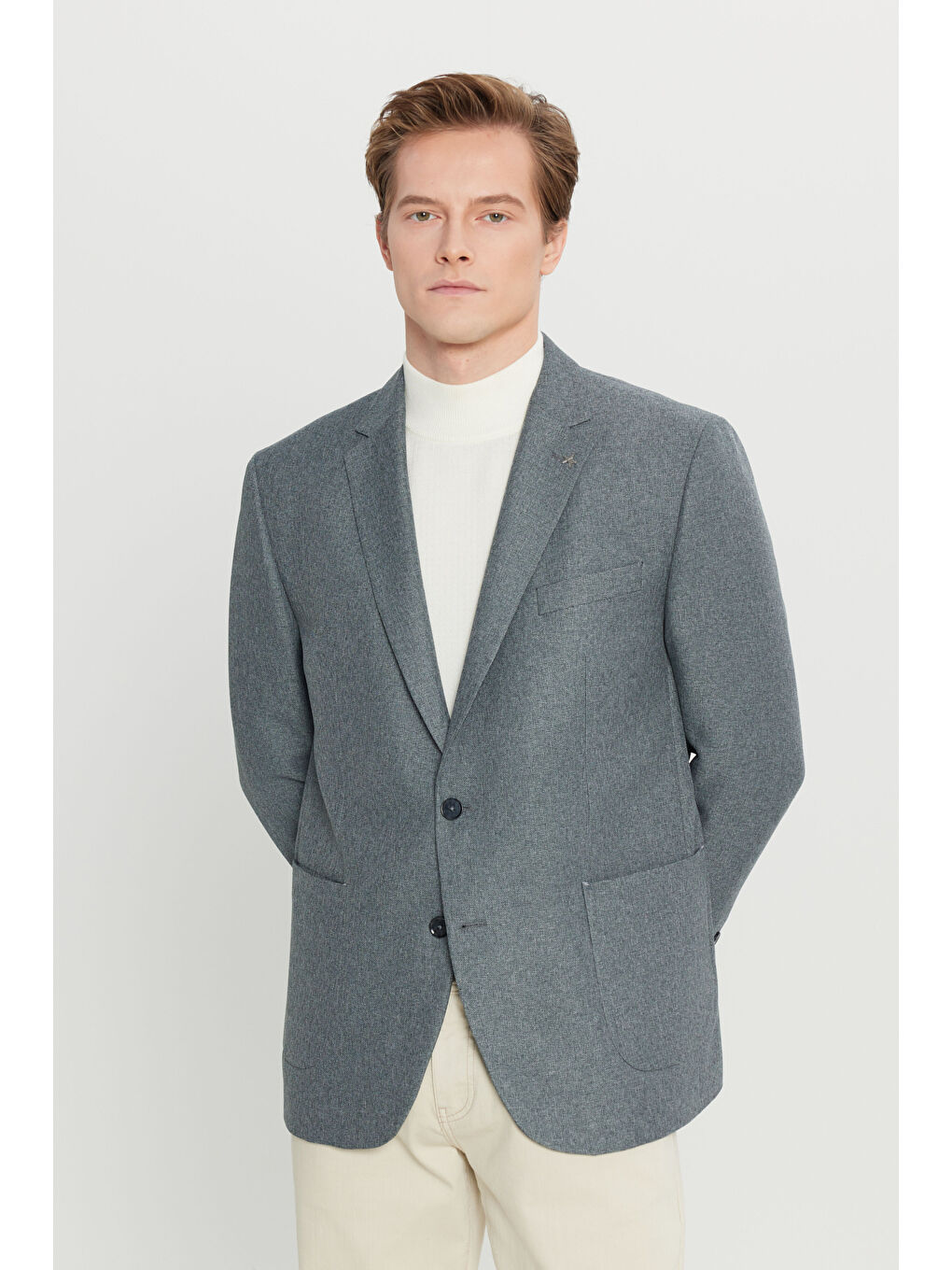 Erkek Gri  Normal Kesim Mono Yaka Torba Cepli Armürlü Blazer Ceket-2