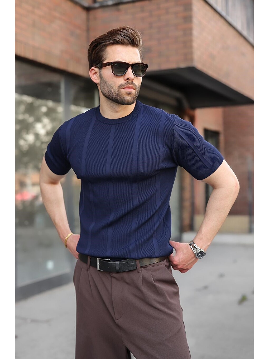 Lacivert Regular Fit Bisiklet Yaka Fitilli Triko Erkek Tişört E7490-2
