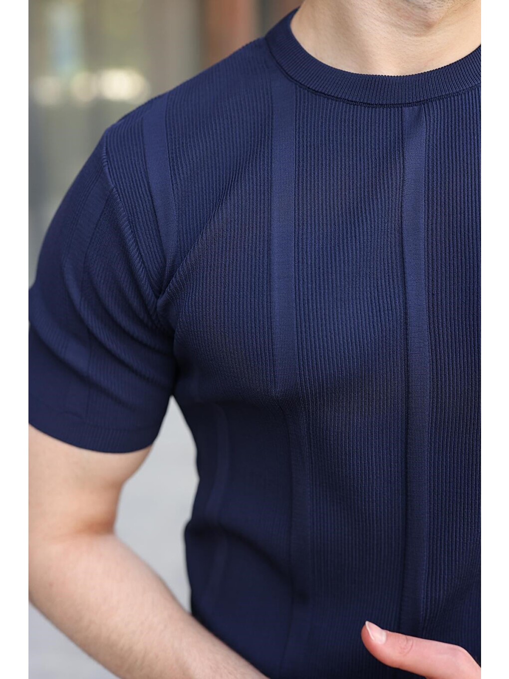 Lacivert Regular Fit Bisiklet Yaka Fitilli Triko Erkek Tişört E7490-3