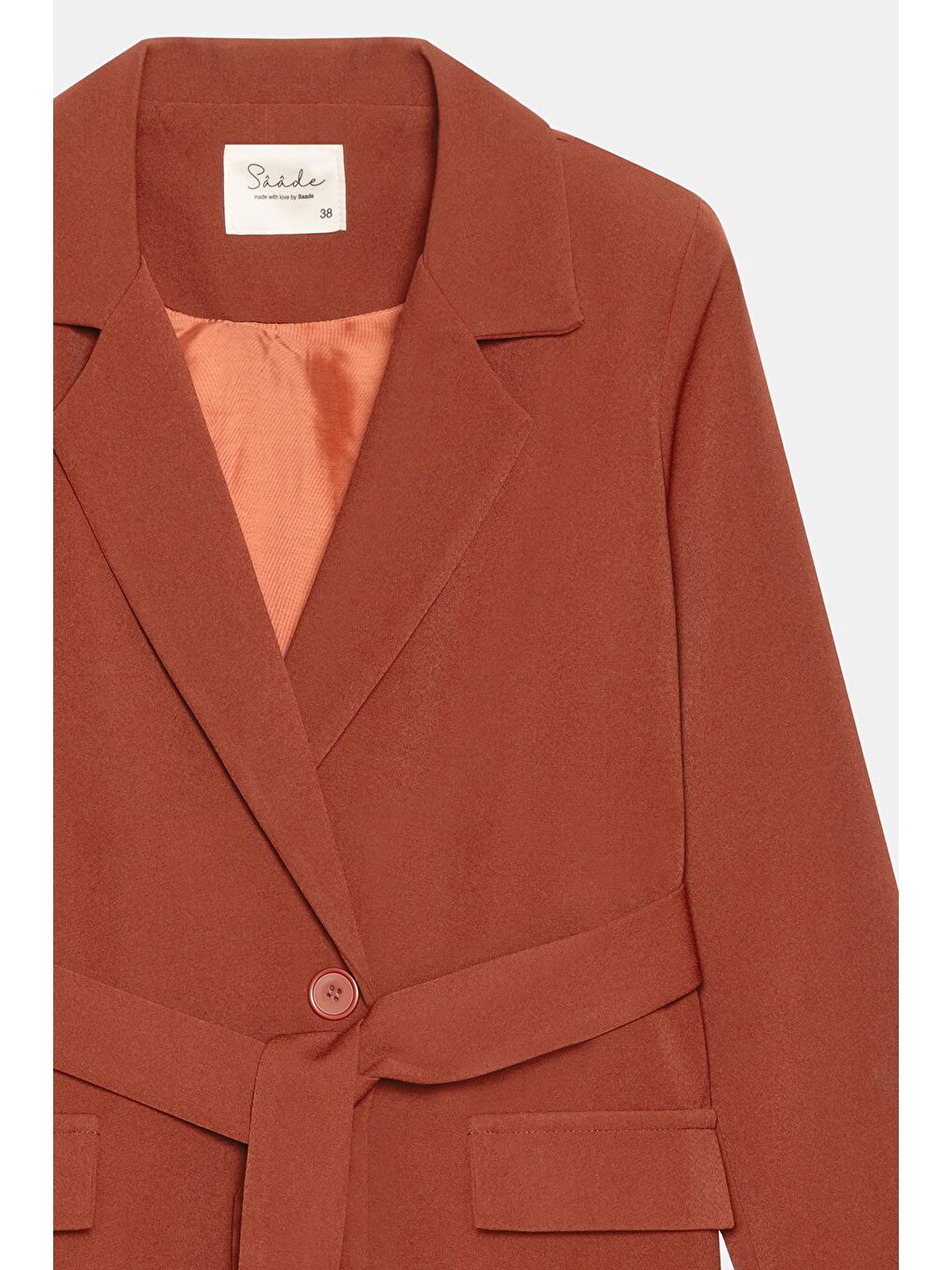 Kahverengi Kiremit Kadın Tek Düğmeli Dokuma Kruvaze Blazer Ceket - Kuşaklı-1