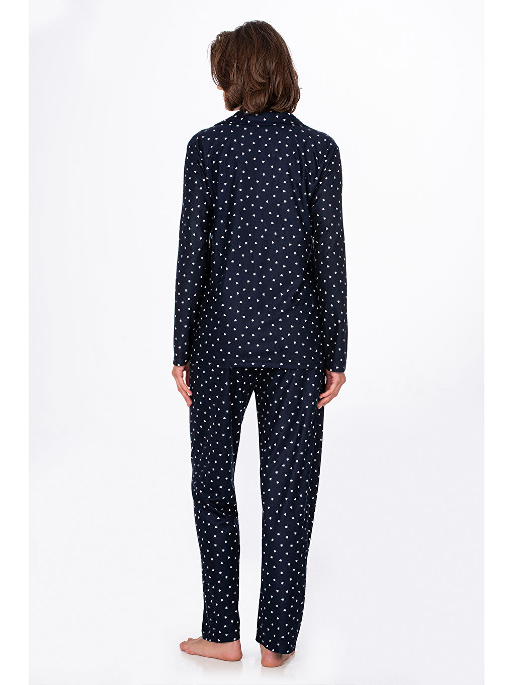 Kadın Süet Önden Düğmeli Pijama Takımı | Kalpli Lacivert-3