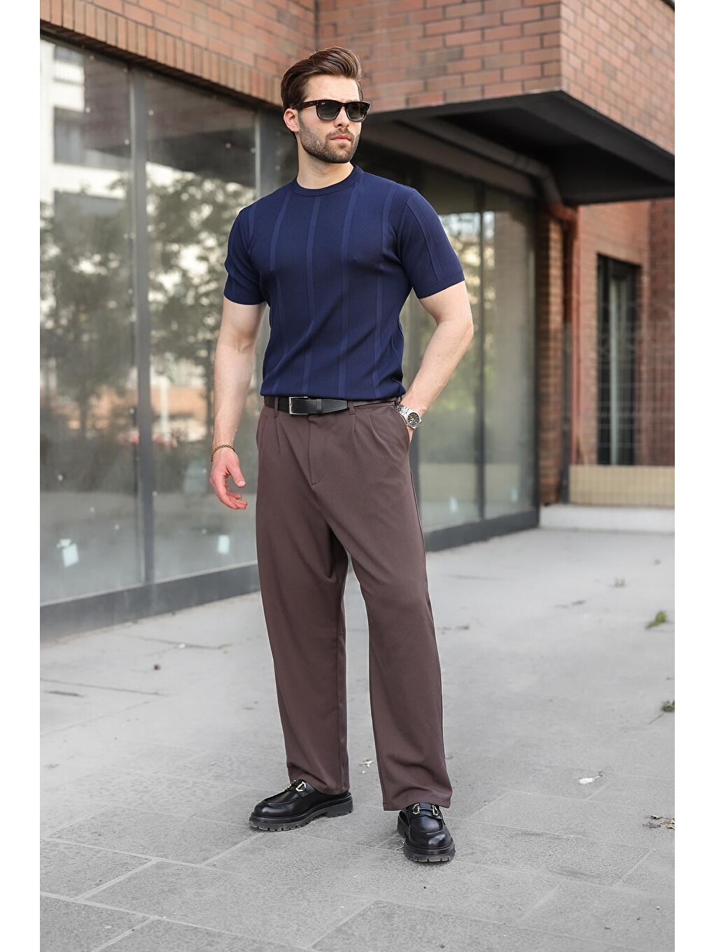 Lacivert Regular Fit Bisiklet Yaka Fitilli Triko Erkek Tişört E7490-4