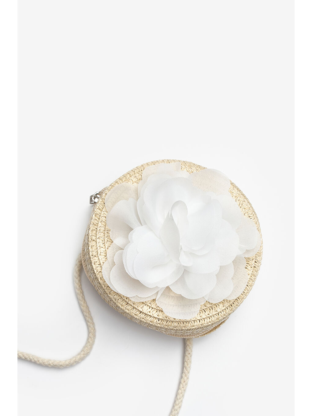 Beyaz Gül Detaylı Kız Çocuk Hasır Çanta-1