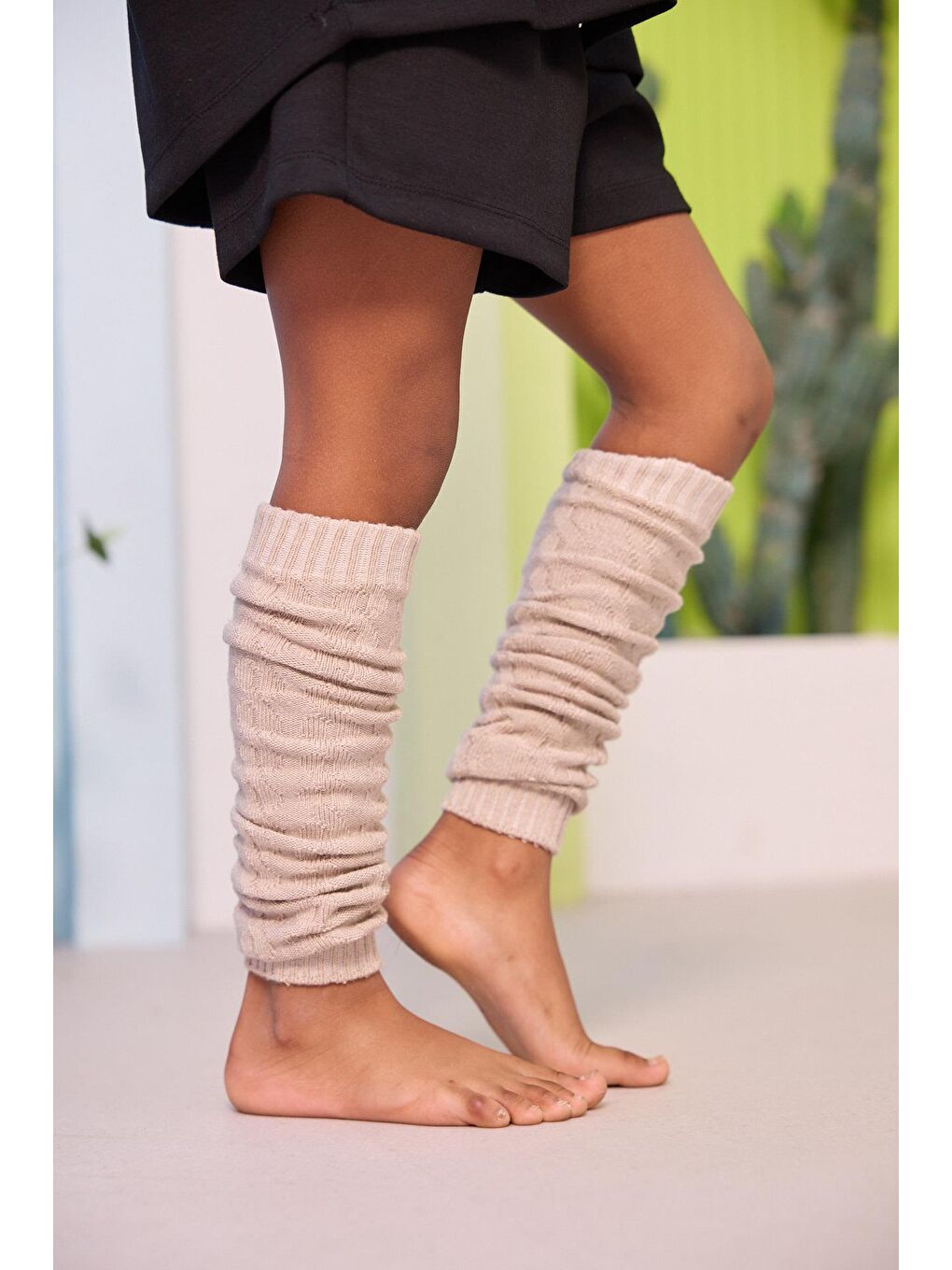 Kadın Örgü Desenli Tozluk Bej Melanj