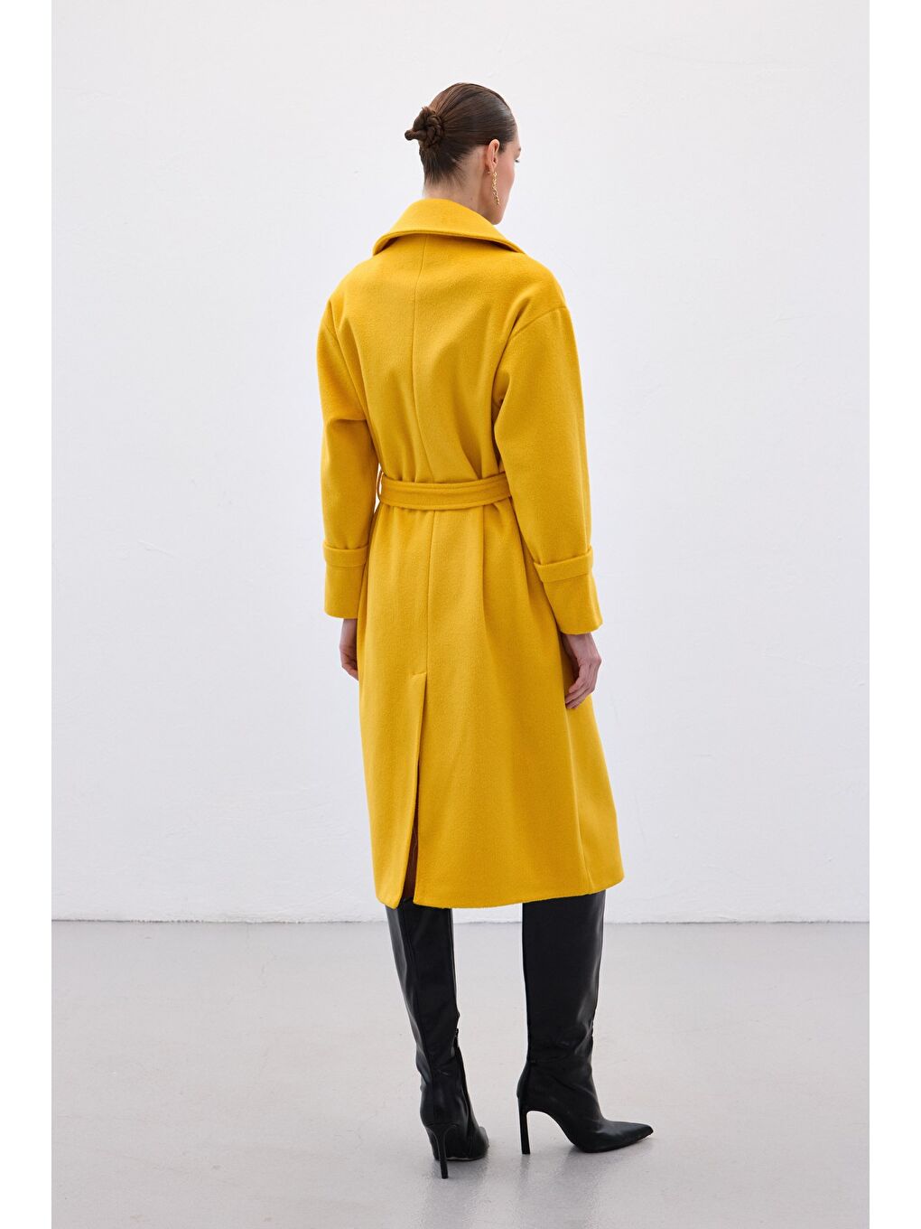 Beli Bağlamalı Uzun Kaban - Sarı-7