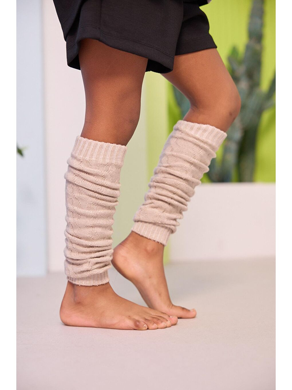 Kadın Örgü Desenli Tozluk Bej Melanj-1