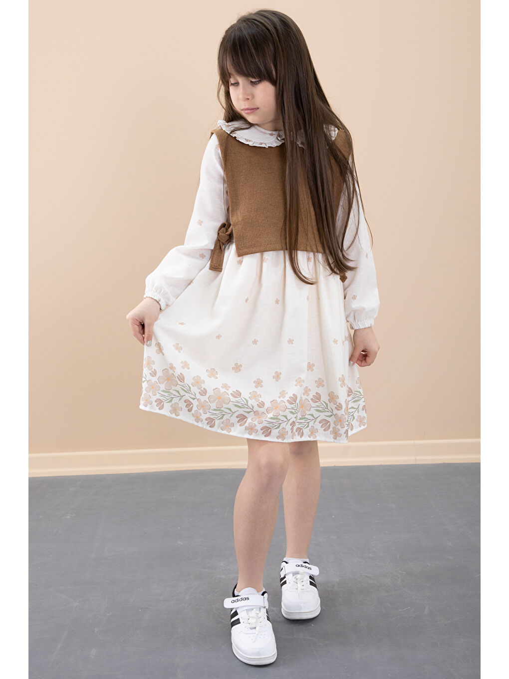 Kahverengi Çiçek Desenli Yandan Bağlamalı Süveterli Kız Çocuk Elbise 20487