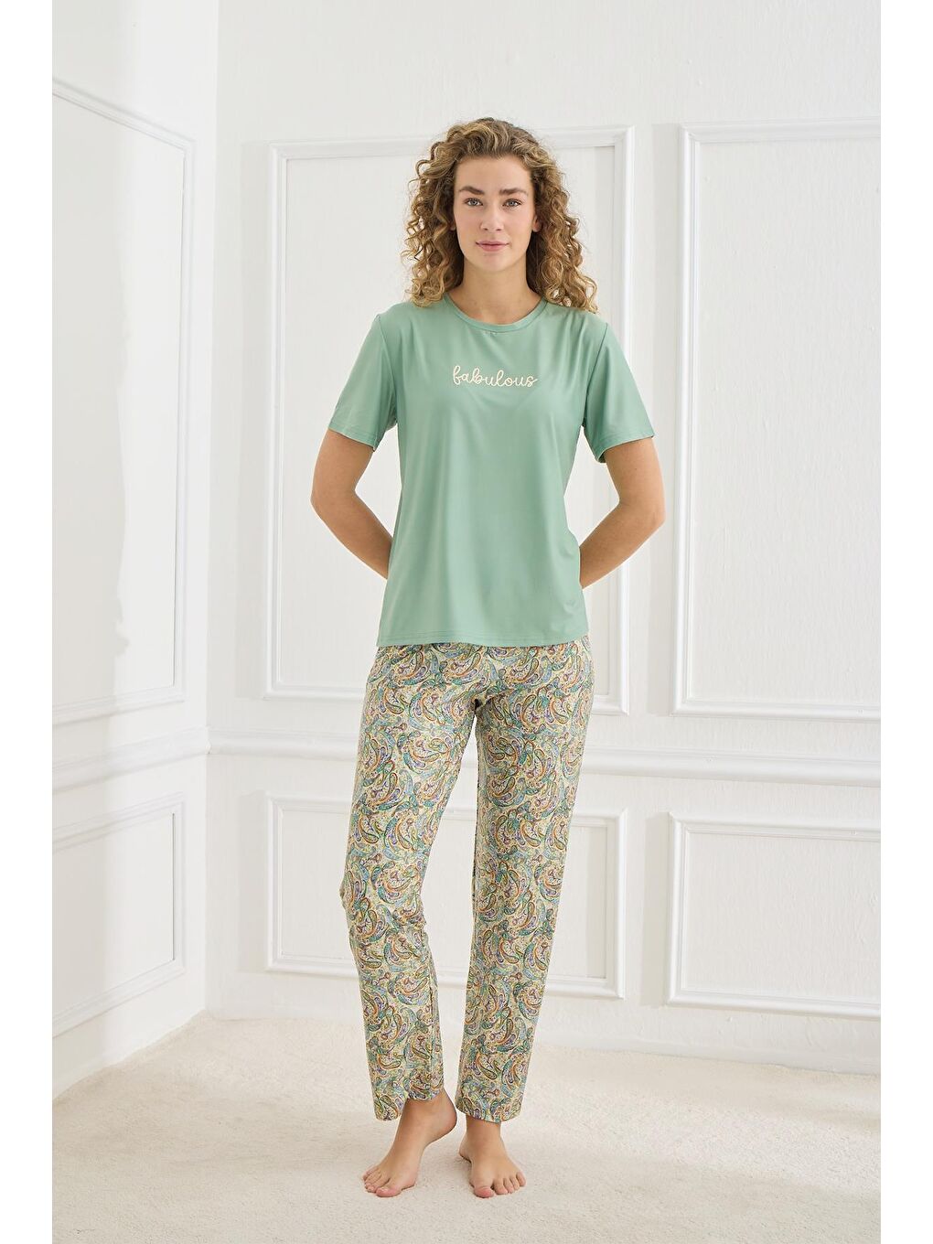 Yeşil Kadın Şal Desenli Bisiklet Yaka Pijama Takım | Mint 30102-964