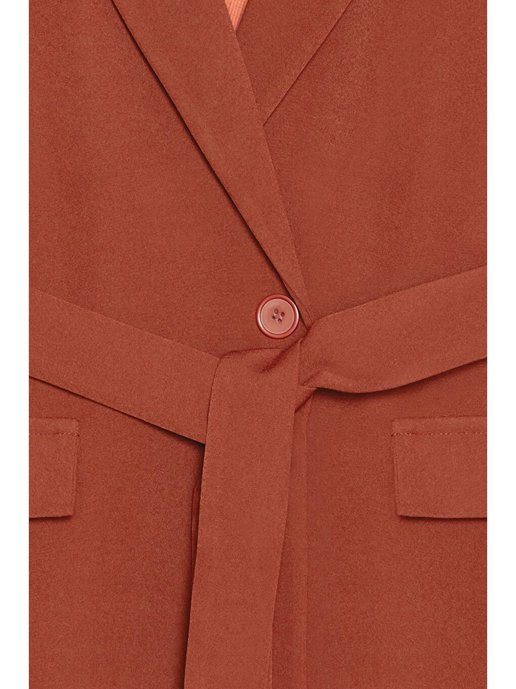 Kahverengi Kiremit Kadın Tek Düğmeli Dokuma Kruvaze Blazer Ceket - Kuşaklı-2