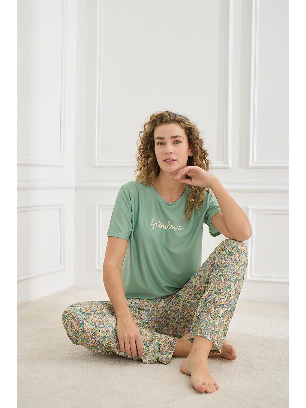 Yeşil Kadın Şal Desenli Bisiklet Yaka Pijama Takım | Mint 30102-964-1