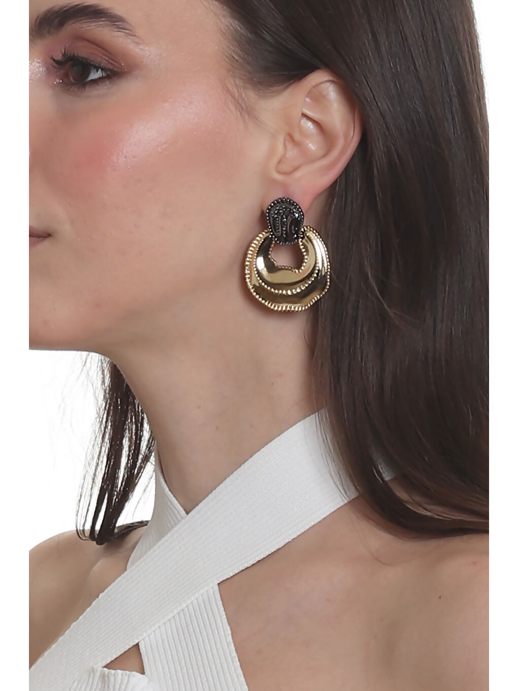 Sarı Kadın Çift Renk Yaprak Dokulu Çivili Model Çanta Formlu Küpe-1