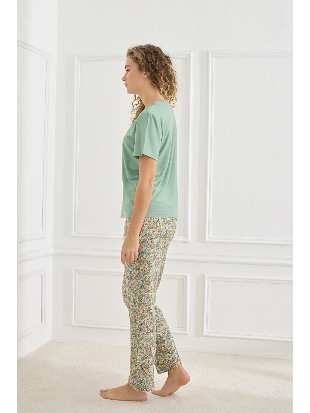 Yeşil Kadın Şal Desenli Bisiklet Yaka Pijama Takım | Mint 30102-964-2