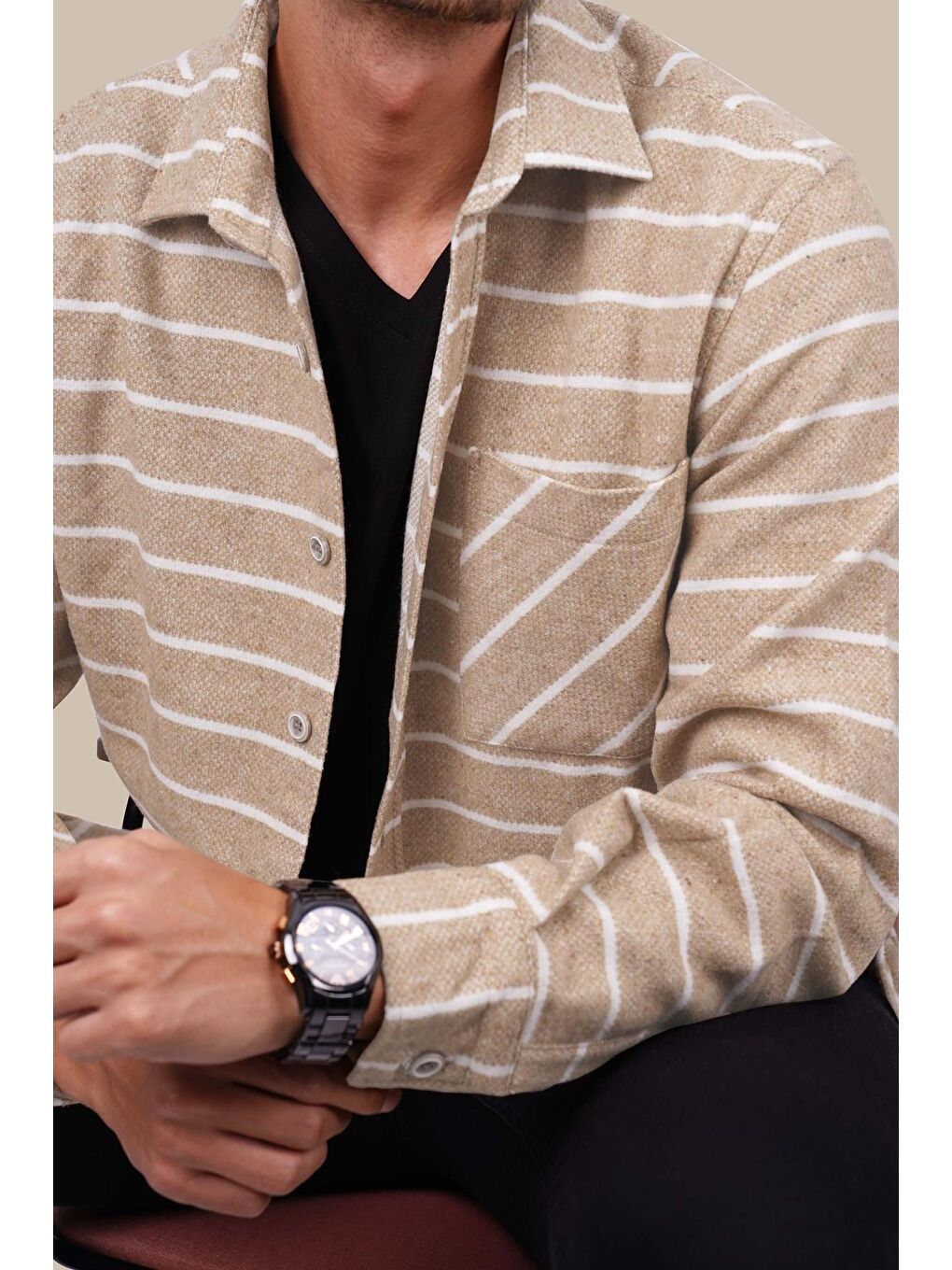 Bej Beyaz Çizgili Oversize %100 Pamuk Erkek Oduncu Gömlek