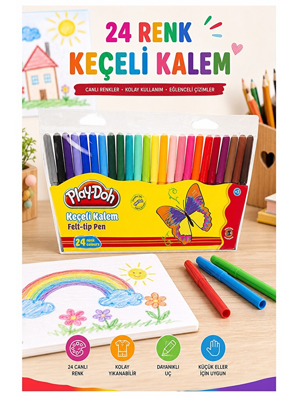Keçeli Kalem 24 Renk 1 Paket 24 Lü Keçeli Kalem Canlı Renkler Yıkanabilir Kaliteli Okul Öğrenci