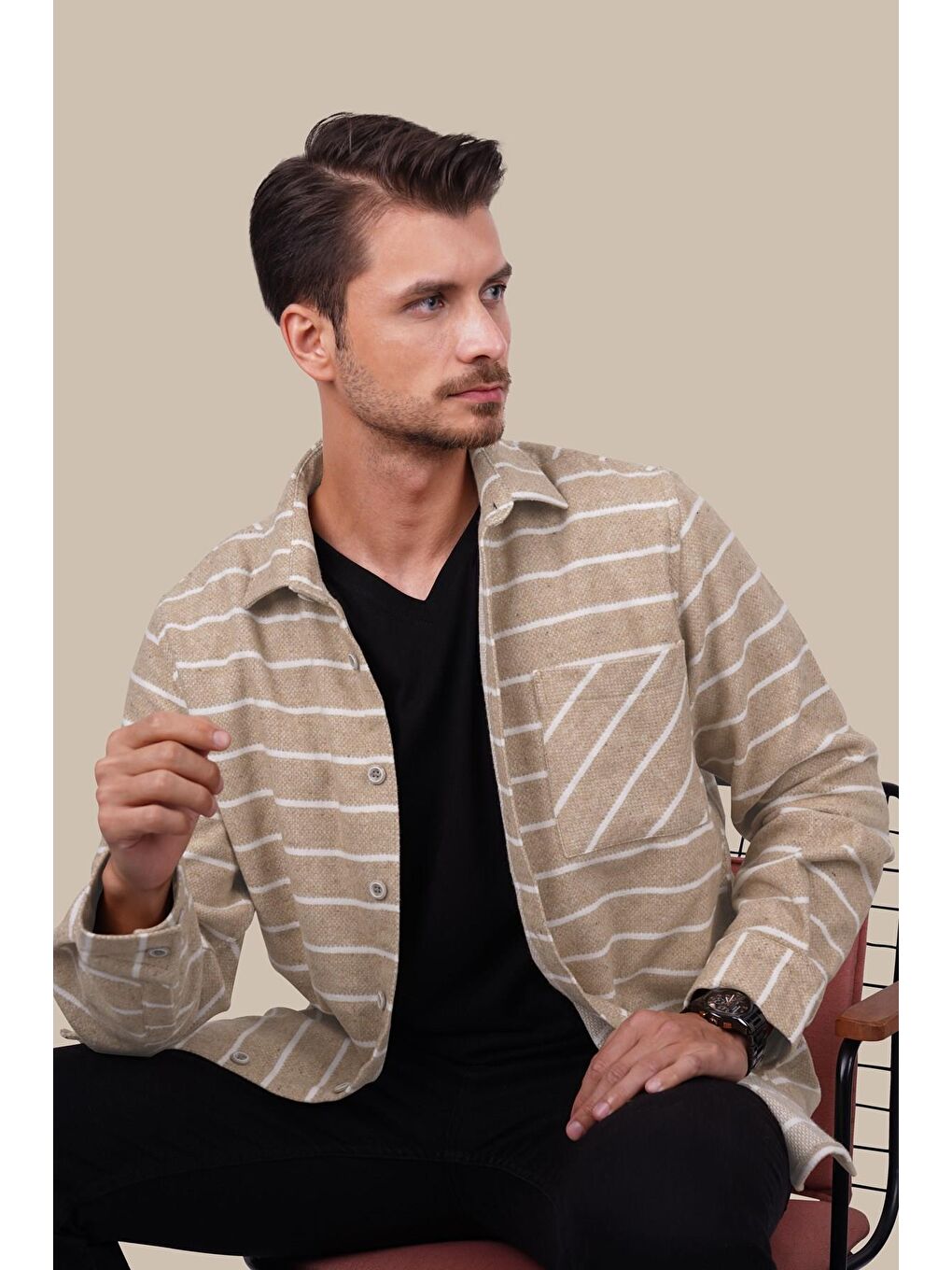 Bej Beyaz Çizgili Oversize %100 Pamuk Erkek Oduncu Gömlek-2