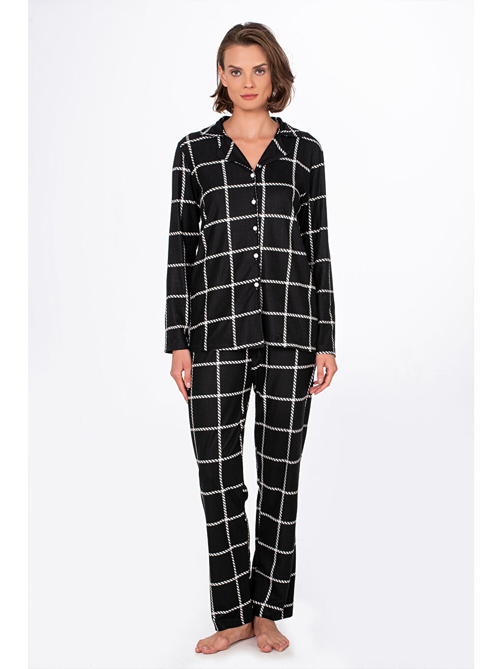 Siyah Kadın Süet Önden Düğmeli Pijama Takımı | Beyaz Çizgili