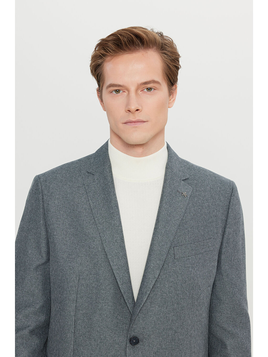 Erkek Gri  Normal Kesim Mono Yaka Torba Cepli Armürlü Blazer Ceket-3