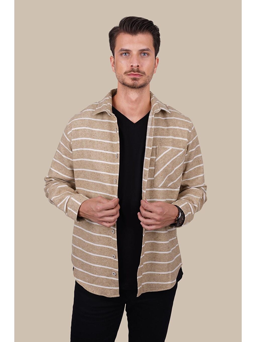 Bej Beyaz Çizgili Oversize %100 Pamuk Erkek Oduncu Gömlek-4