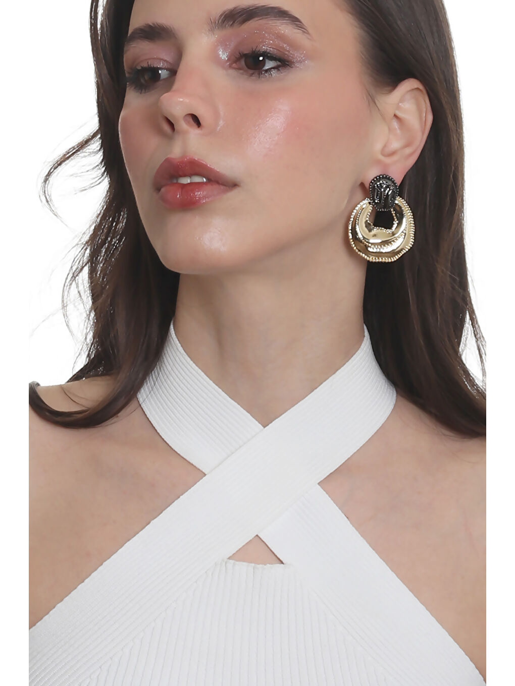 Sarı Kadın Çift Renk Yaprak Dokulu Çivili Model Çanta Formlu Küpe-2